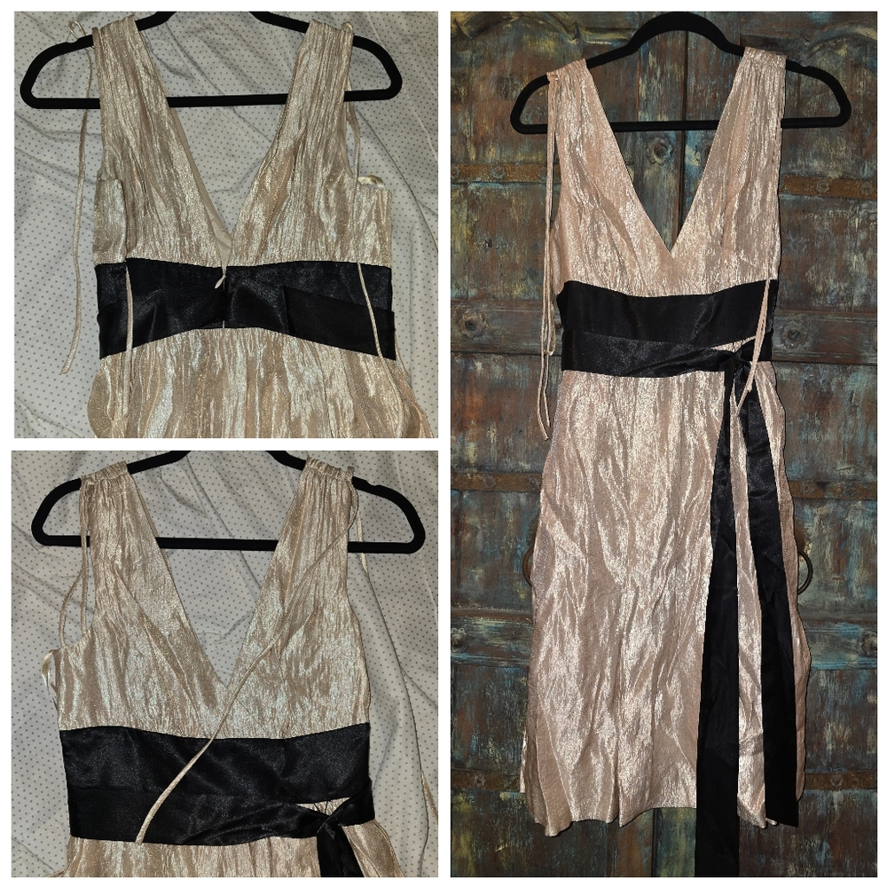 Maxandcleo Elegant Beige and Black V-Neck Dress